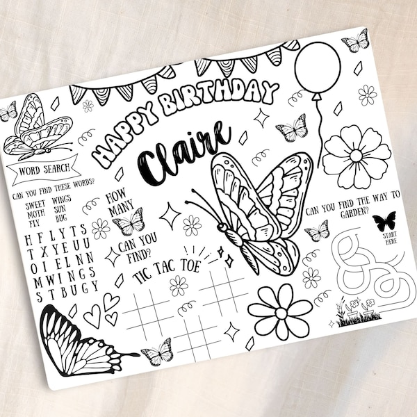 PERSONALIZED Butterfly Birthday Party Placemat Personalized Coloring Game Activity Table Decoration for Girl Printable Digital Butterfly