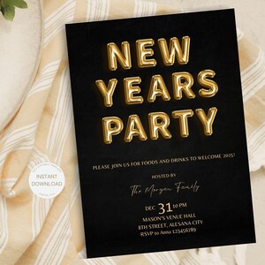 Invitation modifiable du Nouvel An 2025, invitation à une fête du Nouvel An noir et or, carte de célébration or Evite, modèle d'invitation numérique auto-modifiable
