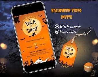 May include: A Halloween video invite displayed on a smartphone screen and a tag. The design features a full moon, bats, and a witch. The text reads "Trick or Treat" and event details.