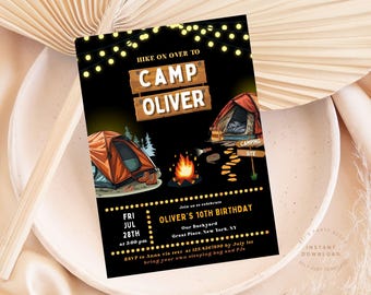 Camping Birthday Invitation: Adventure Forest Theme (Canva Template - Digital Download)