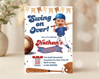 Custom Face Baseball Birthday Party Invitation, Sports Birthday Photo Invitation, Swing on Over, Rookie of the Year, Digital Card