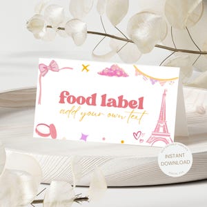 Paris Geburtstags-Essen Etiketten Vorlage, rosa Pariser Cafe Tischkarte, Eiffelturm Zelt Karte, wunderliche Französin Mädchen Dekor, Instant Download