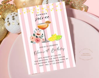 Summer Soirée Invitation Template | Cocktail Party Canva Invite | Editable Summer Bash Invitation | Summer Party Canva Template Pink Stripes