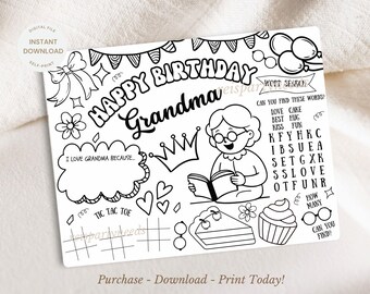 Grandma Birthday Activity Page Happy Birthday Grandma Coloring Page,  Granny Birthday Printable, Nana Birthday Ideas Birthday Placemat