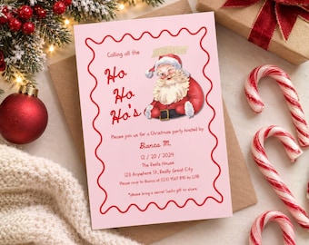 May include: A rectangular pink Christmas party invitation card with a wavy red border. The card features a vintage-style illustration of Santa Claus and the text: Calling all the Ho Ho Ho's, Please join us for a Christmas party hosted by Bianca M.