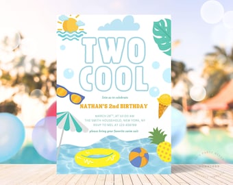 Two Cool Birthday Invitation, Boy 2nd Birthday Invite, Summer Birthday Invitation, Two The Pool Party Invitation, Beach Tropical Birthday