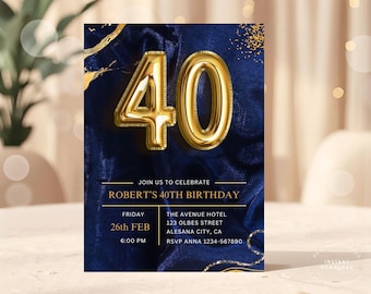 Navy 40th Birthday Invitation Template, Printable Blue Gold Forty Invite, Modern Elegant Men Birthday