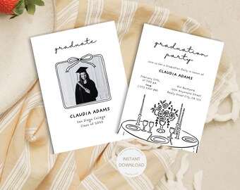 Invitación de graduación dibujada a mano, plantilla de invitación de graduación manuscrita con borde ondulado, invitación de graduación con lazo retro estilo doodle.