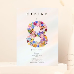 Minimal 8th Birthday Invite, Girl Editable Blush Pink, Girl Eighth Birthday Invitation Template, Princess theme Party invitation, 8th Bday
