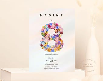 May include: A floral birthday invitation for Nadine's 8th birthday. The invitation features a colourful floral number eight with a light blue, pink and yellow ombre background. The text on the invitation reads "Nadine is 8, Join us to celebrate. Thursday, Nov. 23, 2024, B3L3 Lancers Lane, Alesana City, Reis, RSVP: Anna 123456789."