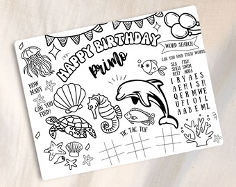 Puede incluir: Una hoja de actividades de cumpleaños imprimible en blanco y negro con temática marina. La hoja incluye una búsqueda de palabras, un juego de tres en raya y un juego de "¿cuántos puedes encontrar?" El texto de la hoja dice "¡Feliz cumpleaños Primo!" y "Búsqueda de palabras: ¿Puedes encontrar estas palabras: Mar, Pescado, Concha, Nadar, Arrecife, Agua."