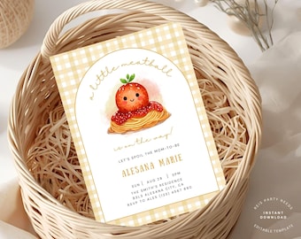 Editable A Little Meatball Baby Shower Invitation, Gingham Italian Foodie Theme for Boy or Girl, Instant Download Printable