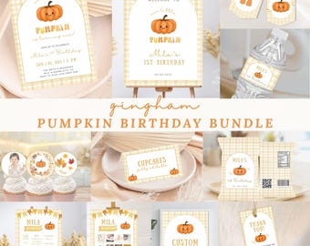 May include: A collection of fall-themed party supplies with a gingham pattern. Includes invitations, signs, cupcake toppers, water bottle labels, and favor tags. Each item features a pumpkin illustration and the text "Mila's 1st Birthday".