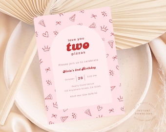 Invitación de segundo cumpleaños con pizza dibujada a mano / Descarga digital / Invitación editable para fiesta de pizza / Invitación de pizzería / Invitación para cualquier edad