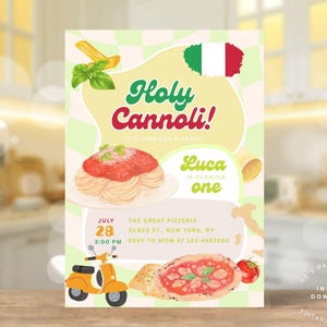 Convite para festa de aniversário com tema de cannoli italiano sagrado, convite com almôndegas de espaguete italianas retrô, convite para pizza, cartão de aniversário italiano 5 x 7 polegadas