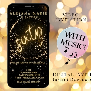 Invitación de cumpleaños número sesenta, Evite, invitación electrónica, plantilla de invitación, invitación por mensaje de texto, invitación digital, invitación para teléfono móvil con música