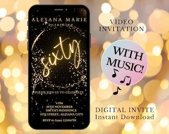 Sixty, 60th, Birthday invite, Evite, E-Invite, Invitation Template, Text Message Invitation, Digital Invite, Mobile Phone Invite with Music