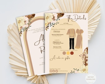 Puede incluir: Una invitación de boda con un diseño floral y un fondo melocotón. La invitación incluye los nombres "Alex & Ryan" y el texto "Les invitamos a compartir una celebración de amor y compromiso". La invitación también incluye la fecha y la hora de la boda. La parte posterior de la invitación incluye detalles sobre el atuendo, los patrocinadores principales y los invitados. El texto en la parte posterior de la invitación incluye "The Details", "Attire (Strictly Formal)", "Principal Sponsors", "Filipiniana for the ladies", "Barong & Black Slacks for the gentlemen", "Guests", "Filipiniana or Puff Sleeves Dress for the ladies", "Barong or Polo for the gentlemen", "We'd love to see you in these colours", "A note on gifts", "Share the Love", y "#weddinghashtag".