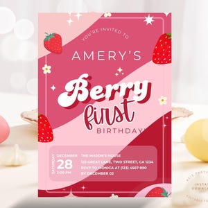 Berry First Birthday Invitation Template, Strawberry 1st Birthday Invite, Groovy Berry 1st Birthday Invitation, Printable Invite, Evite,