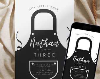 May include: Black and white birthday invitation with a chef's apron design. The invitation says "Our Little Chef Nathan is turning Three. Let's cook up some birthday fun! 11/06/2023 Smith Residence 8th St. Alesana City"