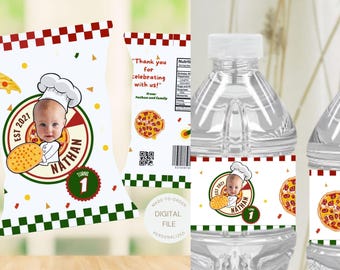 May include: A printable set of personalized water bottle labels featuring a cartoon chef with a pizza and the text "EST 2021" and "NATHAN TURNS 1".