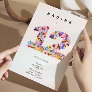 May include: A white invitation card with a floral design in the shape of the number 12. The text "Nadine is" is at the top of the card. The invitation is for a birthday party on Thursday, November 23, 2024.