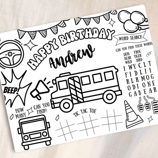 Bus Birthday Party | The Wheels on the Bus Party | Bus Party Favor | Personalized Vehicle Bus Table Coloring Mat Activity Sheet