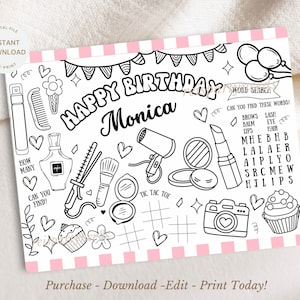 May include: A black and white printable birthday activity sheet with a makeup theme. The sheet features a word search, tic-tac-toe game, and a "how many can you find?" game. The sheet says "Happy Birthday Monica".