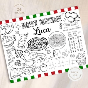 Folha de colorir de aniversário italiana com nome personalizado | Atividade de cannoli sagrado | Ravioli sagrado | Festa de pizza | Jogo de aniversário | Colorir lembrancinhas de festa de aniversário