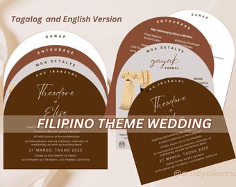 Puede incluir: Una invitación de boda de color marrón y blanco con un tema filipino. La invitación presenta un vestido tradicional filipino y el texto "Theodore y Elise" en escritura dorada. La invitación también incluye la fecha "27 MARSO, TAONG 2025" y la ubicación "The Manor, Los Angeles, California".