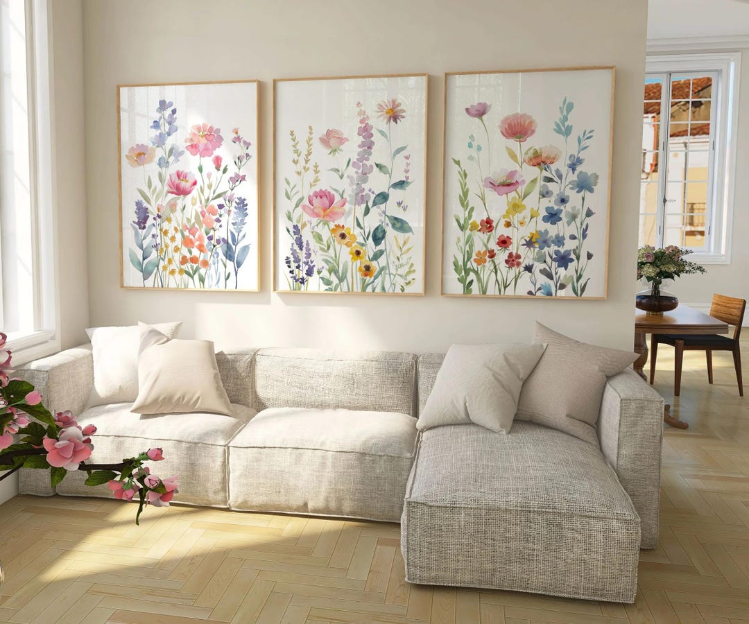 Wildflower Watercolor Wall Art Set of 3 | Bright Colorful Botanical ...
