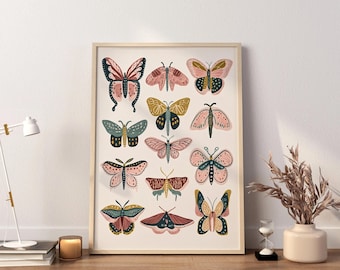 Boho Butterfly and Moth Collection Print, Folk Art Insect Illustration, Vintage Style Girls Room Nursery Wall Art (Digital Download)