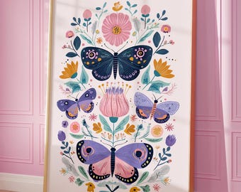 Colorful Floral Butterfly Art Print, Folk Flowers Illustration with Butterflies, Soft Pastel Nature Wall Decor (Digital Download)