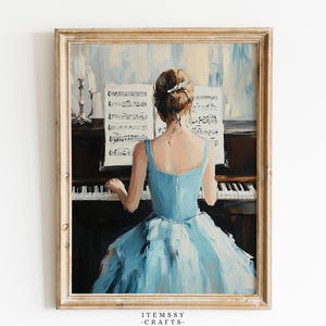 chinese dress ladies Blue Renaissance Wall Art Print Painting Girl Practicing Piano Canvas for  Study Room
