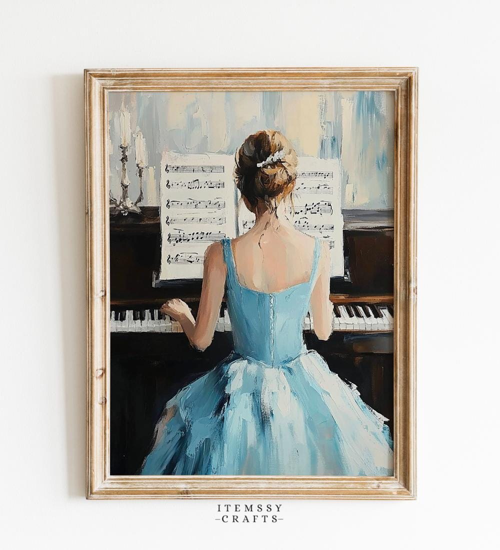 lady in blue dress playing piano painting Lady in Blue at the Piano | FINE ART PRINT | Vintage Portrait Wall Art | Woman Playing Piano Oil Painting | Vintage Victorian Art