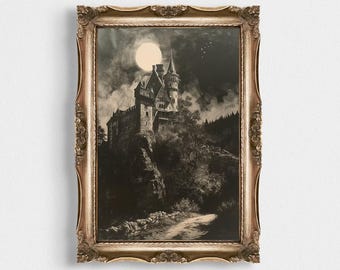 Puede incluir: Una impresión enmarcada en blanco y negro de un castillo en un acantilado bajo la luna llena. El castillo tiene múltiples torres y está rodeado de árboles. El marco es ornamentado con un acabado dorado.