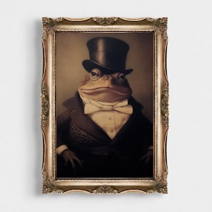 May include: A framed portrait of a distinguished toad wearing a black top hat, tuxedo, and bow tie. The artwork has a vintage aesthetic, with a sepia-toned background and a decorative gold frame. The toad's expression is serious and refined.