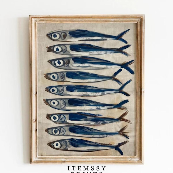 Sardine Painting | Antique Still Life Fish Art | Vintage Sea Life Print | Wall Decor for Fish Restaurant | Nautical Fish Coastal Home Art