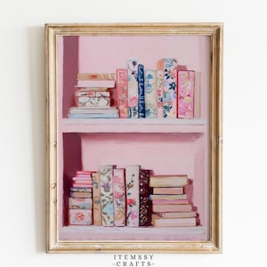 Rosa bokhylla med blommiga böcker oljemålning tryck, kokett bokälskare väggkonst, stuglig feminin biblioteksdekor (digital nedladdning)