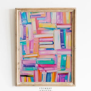 May include: Abstract art print featuring a colorful arrangement of rectangular shapes in shades of pink, blue, yellow, and purple. The artwork is framed in a gold-colored wooden frame. The text "ITEMSSY - CRAFTS-" is at the bottom of the image.