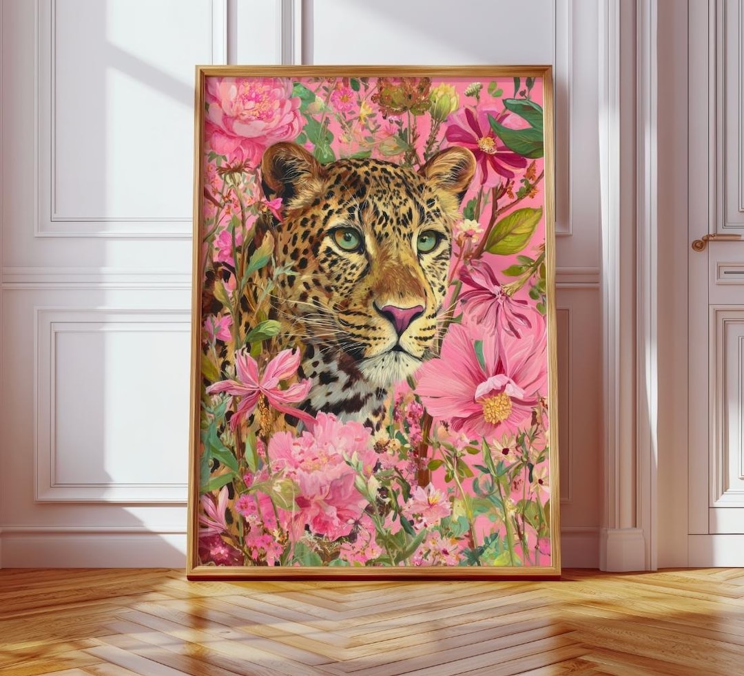 Leopard Floral Wall Art Print | Pink Botanical Wild Cat Portrait ...