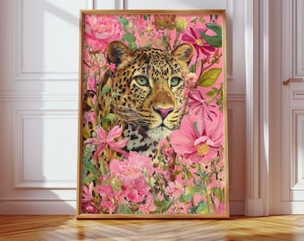 Jungle Leopard Wall Art – Maximalist Floral Animal Print, Bold Pink Statement Decor