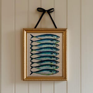 Mackerel Sardine Wall Art Print | Blue Green Coastal Fish Still Life Oil Painting | Kitchen Dining Room Beach House Decor | Digital Download