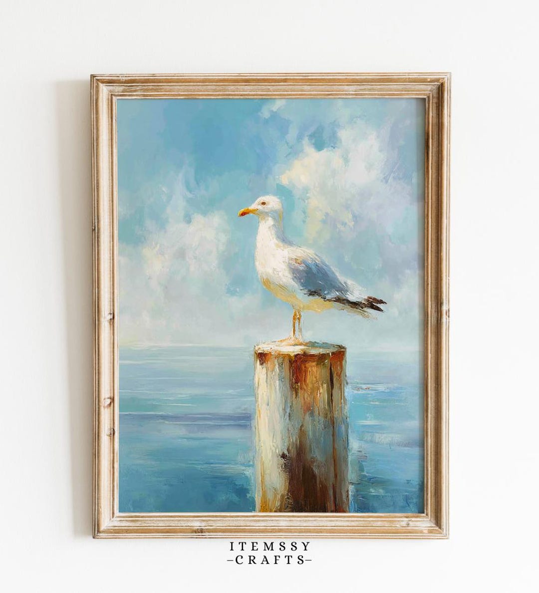 Seagull by the Sea Wall Art – Coastal Bird Painting, Nautical Beach ...