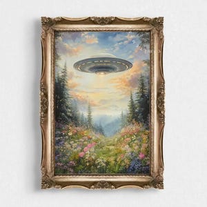 Op de afbeelding: Een ingelijst schilderij toont een UFO boven een bos met wilde bloemen. Het kunstwerk heeft een gouden, sierlijke lijst en een zonsonderganghemel met wolken. De UFO is zilverkleurig en cirkelvormig.