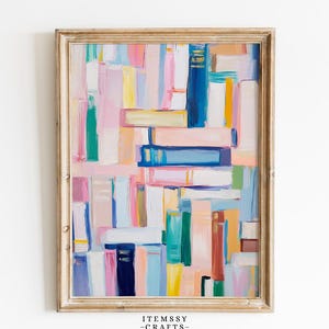 Puede incluir: Pintura abstracta de libros en tonos rosa, azul, amarillo y verde, enmarcada en un marco dorado. El texto "ITEMSSY - CRAFTS -" se encuentra en la parte inferior.