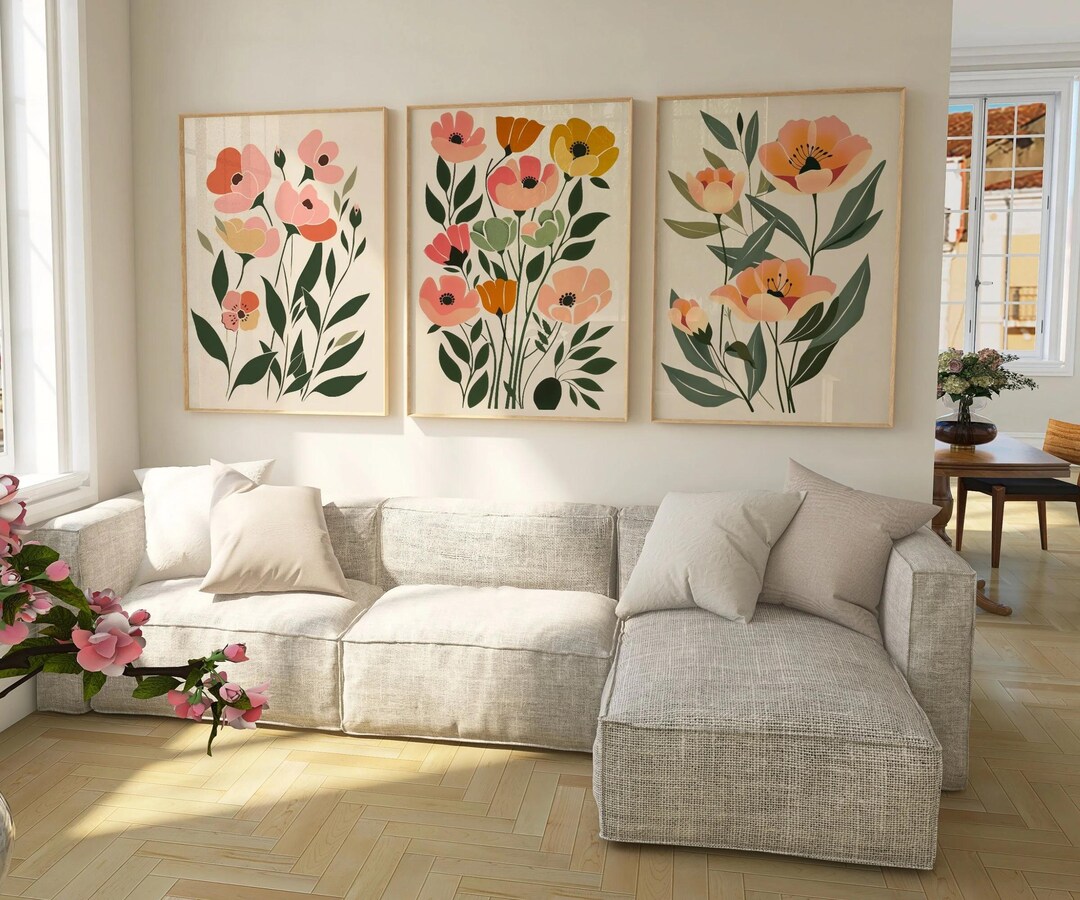 Boho Abstract Flower Wall Art Set of 3 | Terracotta and Beige Floral ...