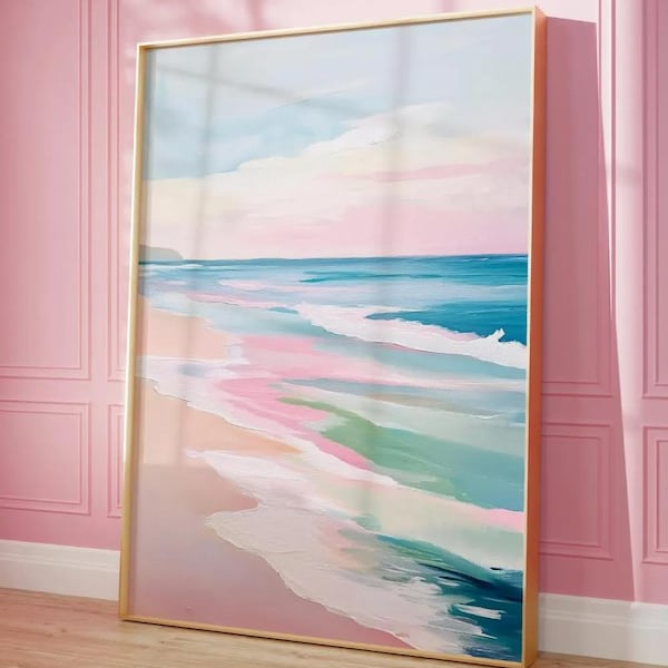 Pastel Beach Ocean Wall Art Print | Pink Teal Abstract Coastal Wave Oil Painting | Beach House Bedroom Living Room Decor | Digital Download
