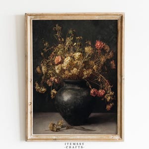 Getrocknete verwelkte Blumen im dunklen Tontopf, stimmungsvolles Vintage Stillleben mit abgefallenem Stiel, Academia Ölgemälde (Digitaler Download)