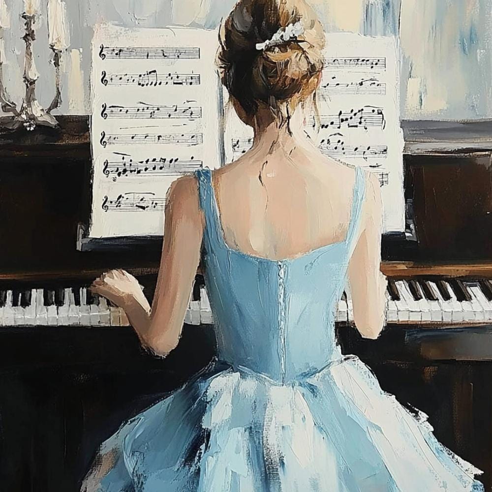 lady in blue dress playing piano painting WALUDVLK Girl Playing Piano Wall Art Blue Long Dress Woman Music Poster Vintage Art Canvas Printed Painting for Living Room Bedroom Bathroom Decoration, 16x24 inches, No Frame : Amazon.ae: Home